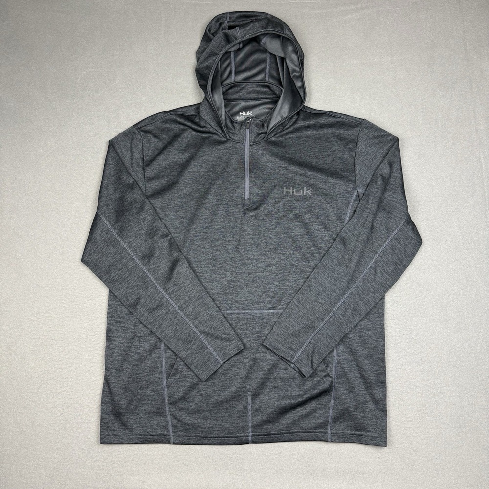 Huk Icon X Coldfront Hoodie Mens L Gray 1/4 Zip Performance Fishing